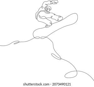 El atleta de snowboard recorre una pista nevada. Viaje de snowboarder sobre un tablero en la nieve en invierno.Una línea continua.Un logo de línea de dibujo continua aisló una mínima ilustración.