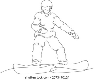 El atleta de snowboard recorre una pista nevada. Viaje de snowboarder sobre un tablero en la nieve en invierno.Una línea continua.Un logo de línea de dibujo continua aisló una mínima ilustración.