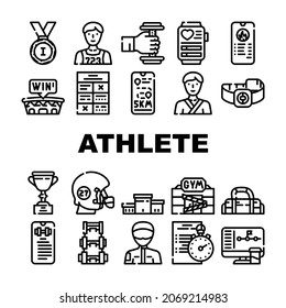 Athlete Sport Equipment And Award Icons Set Vector. Rugby Player Athlete Protective Helmet And Sportive Bag, Fitness Bracelet Gadget And Exercise Description Smartphone App Contour Illustrations