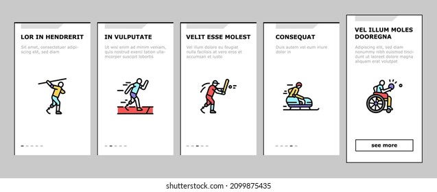 Athlete Sport Game Onboarding Mobile App Page Screen Vector. Basketball And Volleyball Playing Athlete, Sportsman Swimming And Running, Play Tennis And Soccer Illustrations