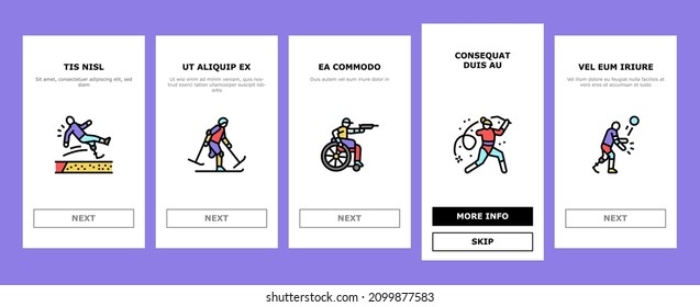Athlete Sport Game Onboarding Mobile App Page Screen Vector. Basketball And Volleyball Playing Athlete, Sportsman Swimming And Running, Play Tennis And Soccer Illustrations