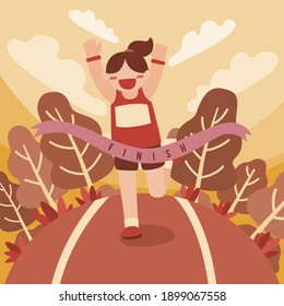 Athlete or sports man at finish line. A athlete crosses the finish line, red ribbon. Illustration, vector EPS 10.