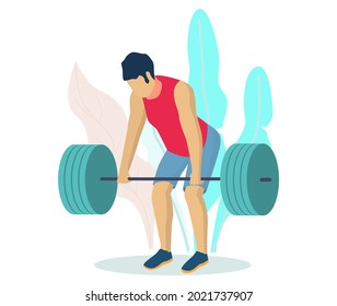 Athlet, Sportler, Bodybuilder, der Barbell heftet, flache Vektorgrafik. Fitness-Fitness-Fitnessraum-Training. Kraftsportarten mit Gewichtszunahme.