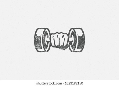 Athlete sportsman hand holding heavy dumbbell during weightlifting training in gym hand drawn stamp vector illustration. Grunge texture on old paper for poster or label decoration