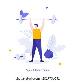 Athlete Or Sportsman Lifting Barbell. Concept Of Sports Exercise, Weight Training, Weightlifting Or Powerlifting, Bodybuilding, Active Lifestyle. Modern Flat Vector Illustration For Banner, Poster.