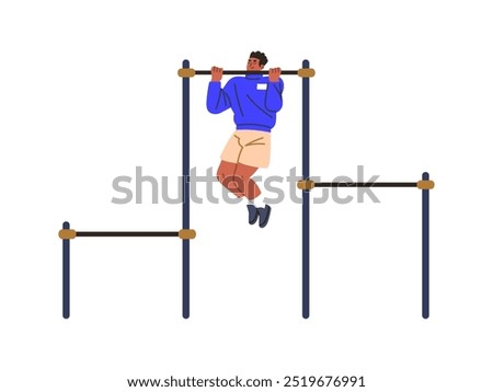Athlete in sportswear does pull up exercise on sport ground. Sportsman hanging on horizontal bar in street workout. Man training strength with equipment. Flat isolated vector illustration on white