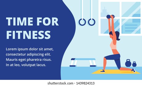 Athlete in Sportswear Engaged in Fitness Room. Time for Fitness. Do Sport. White Text ob Blue Background. Vector Illustration. Training for Women. Time for Fitness. Healthy Lifestyle. Power Train.