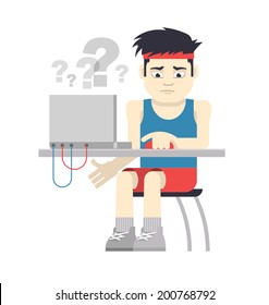 Athlete in sportswear is experiencing difficulties when working at the computer. Concept of computer applications for sport.