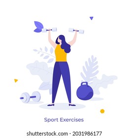 Athlete or sportswoman lifting barbell. Concept of sports exercise, weight training, weightlifting or powerlifting, bodybuilding, active lifestyle. Modern flat vector illustration for banner, poster.