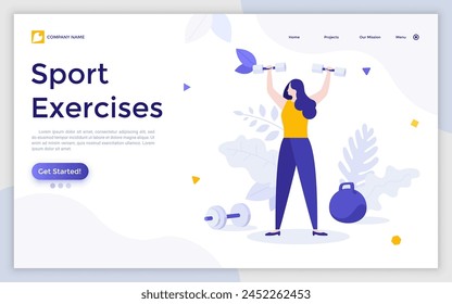 Athlete or sportswoman lifting barbell. Concept of sports exercise, weight training, weightlifting or powerlifting, bodybuilding, active lifestyle. Modern flat vector illustration for landing page