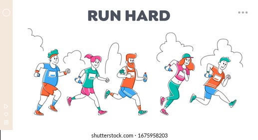 Athlete Sprinter Characters Run Sprint Race Landing Page Template. Group of Young People Running City Marathon Distance in Row. Sport and Jogging Competition Tournament. Linear Vector Illustration