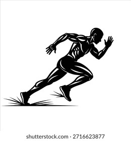 Corrida de atleta, pose de ação dinâmica. Corredor muscular, passos poderosos, corpo atlético. Esportes, fitness, competição, velocidade, desempenho.