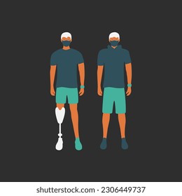 athlete stands with prosthetic or artificial prosthesis leg vector art. attractive handicapped man. coronavirus cartoon. fit guy illustration flat design people with corona fase mask graphic