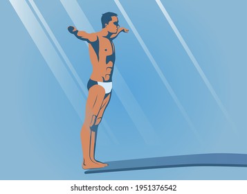 Athlete stands in a straight position and is ready to dive. Springboard diving vector flat design illustration.
