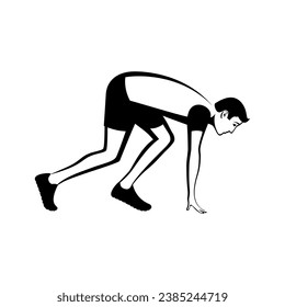 Athlet am Anfang schwarz Symbol. Sprenglauf-Läufer-Sprinter Sprint oder Marathon. Sportwettbewerb. Cartoon, Vektorgrafik. Flaches Design. Einzeln auf weißem Hintergrund.