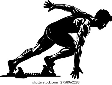 Athlete in starting blocks poised for a sprint race
