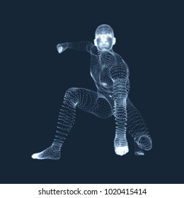 Atleta en posición inicial listo para iniciar una carrera. Runner listo para el ejercicio deportivo. Modelo de cable corporal humano. Símbolo deportivo. Ilustración vectorial 3d. 