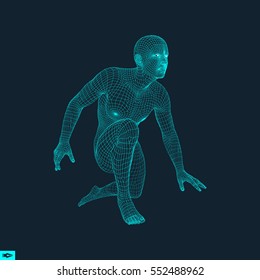 Athlete at Starting Position Ready to Start a Race. Runner Ready for Sports Exercise. Human Body Wire Model. Sport Symbol. 3d Vector Illustration.