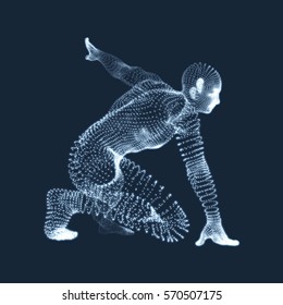 Athlete at Starting Position Ready to Start a Race. Runner Ready for Sports Exercise. Human Body Wire Model. Sport Symbol. 3d Vector Illustration. 