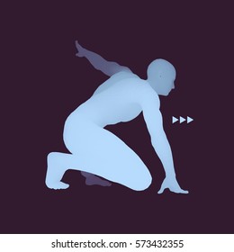 Atleta na posição de partida Pronto para iniciar uma corrida. Corredor pronto para o exercício esportivo. Corpo Humano. Símbolo do Esporte. Ilustração de vetor 3d. 