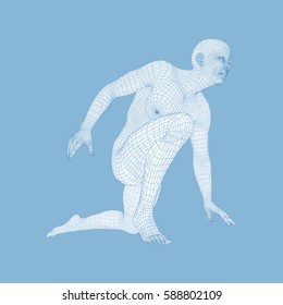 Athlete at Starting Position Ready to Start a Race. Runner Ready for Sports Exercise. Human Body Wire Model. Sport Symbol. 3d Vector Illustration.  