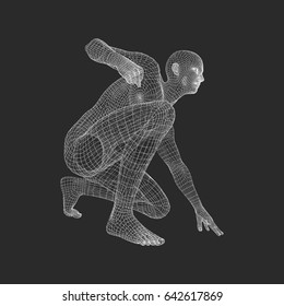 Athlete at Starting Position Ready to Start a Race. Runner Ready for Sports Exercise. Human Body Wire Model. Sport Symbol. 3d Vector Illustration. 