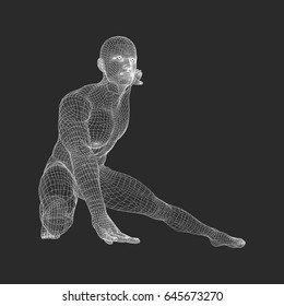 Athlete at Starting Position Ready to Start a Race. Runner Ready for Sports Exercise. Human Body Wire Model. Sport Symbol. 3d Vector Illustration. 