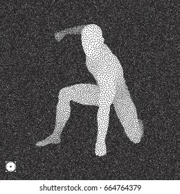 Athlete at starting position ready to start a race. Runner ready for sports exercise. Black and white grainy dotwork design. Stippled vector illustration.
