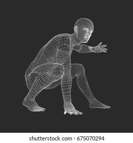 Athlet an der Startposition Bereit, um ein Rennen zu starten. Runner Bereit für Sportübungen. Human Body Wire Model. Sportsymbol. 3D-Vektorgrafik. 