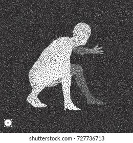 Athlete at starting position ready to start a race. Runner ready for sports exercise. Black and white grainy design. Stippled vector illustration.