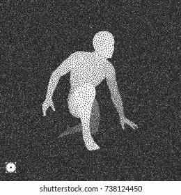 Athlete at starting position ready to start a race. Runner ready for sports exercise. Black and white grainy design. Stippled vector illustration.