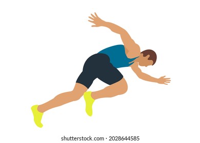 The athlete starts running the marathon from a low start isolated on a white. The concept of competitions, sports, healthy lifestyle, self-development. Vector illustration