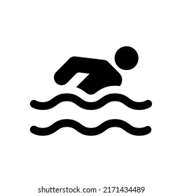 Athlete Stick Man Swim in Sea Black Silhouette Icon. Sport Swimmer Dive in Pool Glyph Pictogram. Human Simple Figure Motion in Water Flat Symbol. People Swim on Beach. Isolated Vector Illustration.