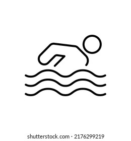 Athlete Stick Man Swim in Sea Black Line Icon. Sport Swimmer Dive in Pool Outline Pictogram. Human Simple Figure Motion in Water Flat Symbol. Editable Stroke. Isolated Vector Illustration.