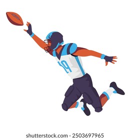 An athlete stretches out to catch a football mid-air while diving on the field during a competitive match.