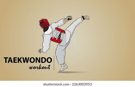 Athlete strikes with his right foot in a jump. Taekwondo is a martial art form.