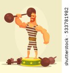 Athlete strong man character holding dumbbell. Vector flat cartoon illustration