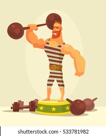 Athlete strong man character holding dumbbell. Vector flat cartoon illustration