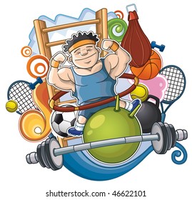 Athlete is surrounded by sports projectiles. Mixed