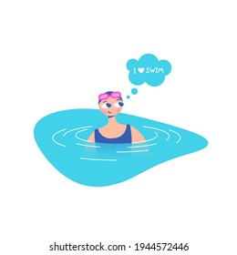 An athlete swimmer in a swimsuit, swimming goggles and a hat is in the water in the pool. Bubble with the text "I love swim". Flat bright vector illustration.