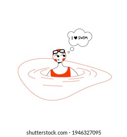 An athlete swimmer in a swimsuit, swimming goggles and a hat is in the water in the pool. Bubble with the text "I love swim". Flat outline vector illustration.