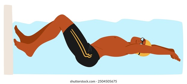 Athlete Swimming Backstroke In A Blue Pool. Swimmer Wearing A Yellow Cap And Swimwear Demonstrates A Dynamic And Powerful Swimming Technique Isolated On White Background. Cartoon Vector Illustration