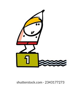Athlete in swimming trunks and a rubber cap jumps into the water. Vector illustration of a water sports competition. Character isolated on white background.