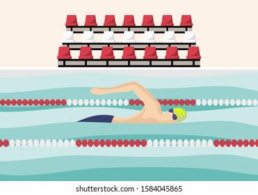 Athlete swims along a path in the pool. Sport illustration. Male cartoon character. Flat vector illustration. 