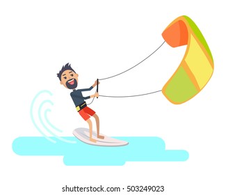 Athlete takes part at kite surfing Spain festival isolated on white. Kitesurfing is style of kiteboarding. Man windsurfing on water surface with air kite. Water sport vector illustration in flat style
