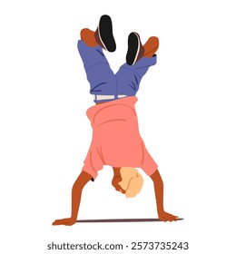 Athlete teenage guy playful cartoon character jumping on hands standing upside down position performing acrobatic trick or breakdance handstand stunt vector illustration isolated on white background