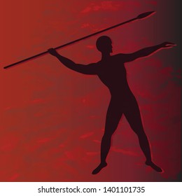 The athlete throws a spear - a silhouette on an original fiery red background in grunge style - art, vector