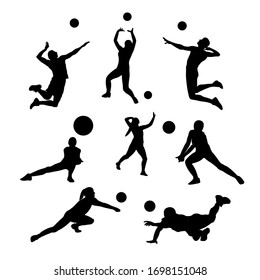 Athlete Together Playing Volley Ball Silhouettes Collection Isolated. Sport Silhouette 