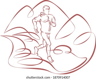Athlete track and field athlete makes a training run in the rocky mountains. Healthy lifestyle.One line continuous thick bold single drawn art doodle isolated hand drawn outline logo illustration.
