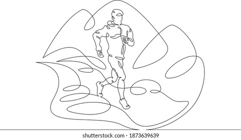 Athlete Track And Field Athlete Makes A Training Run In The Rocky Mountains. Healthy Lifestyle.One Line Continuous Thick Bold Single Drawn Art Doodle Isolated Hand Drawn Outline Logo Illustration.